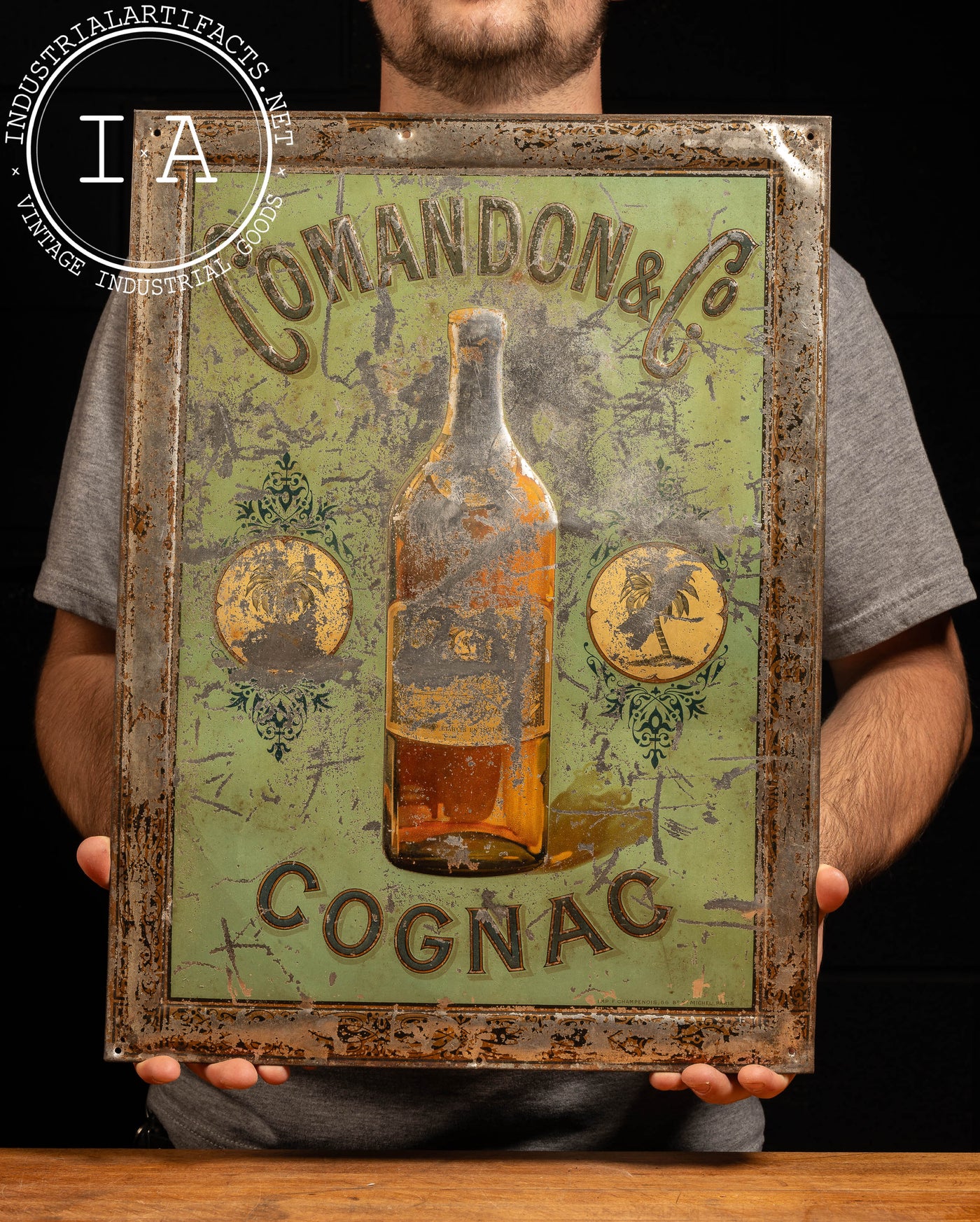 Pre-Prohibition Self-Framed Comandon Cognac Embossed Tin Litho Sign