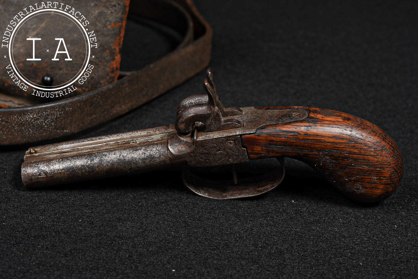 Civil War-Era Flintlock Pistol with Powder Horn and Leather Cartridge Pouch