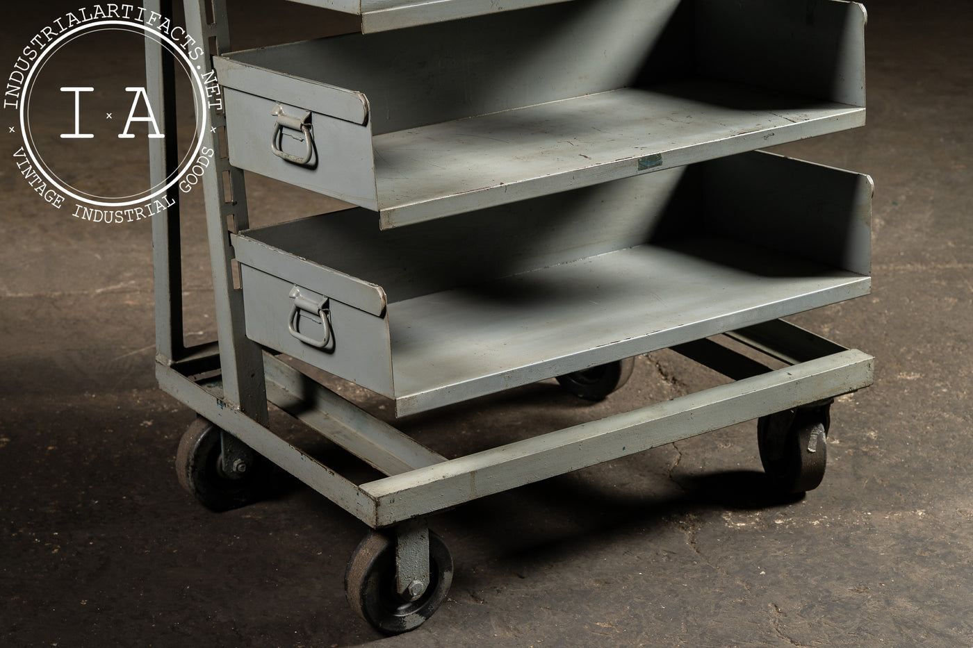 Vintage Gray Industrial Tilt-Bin Cart with Five Adjustable Drawers on Casters