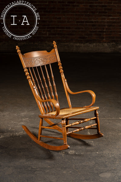 Antique Victorian Press-Back Oak Rocking Chair with Cane Seat