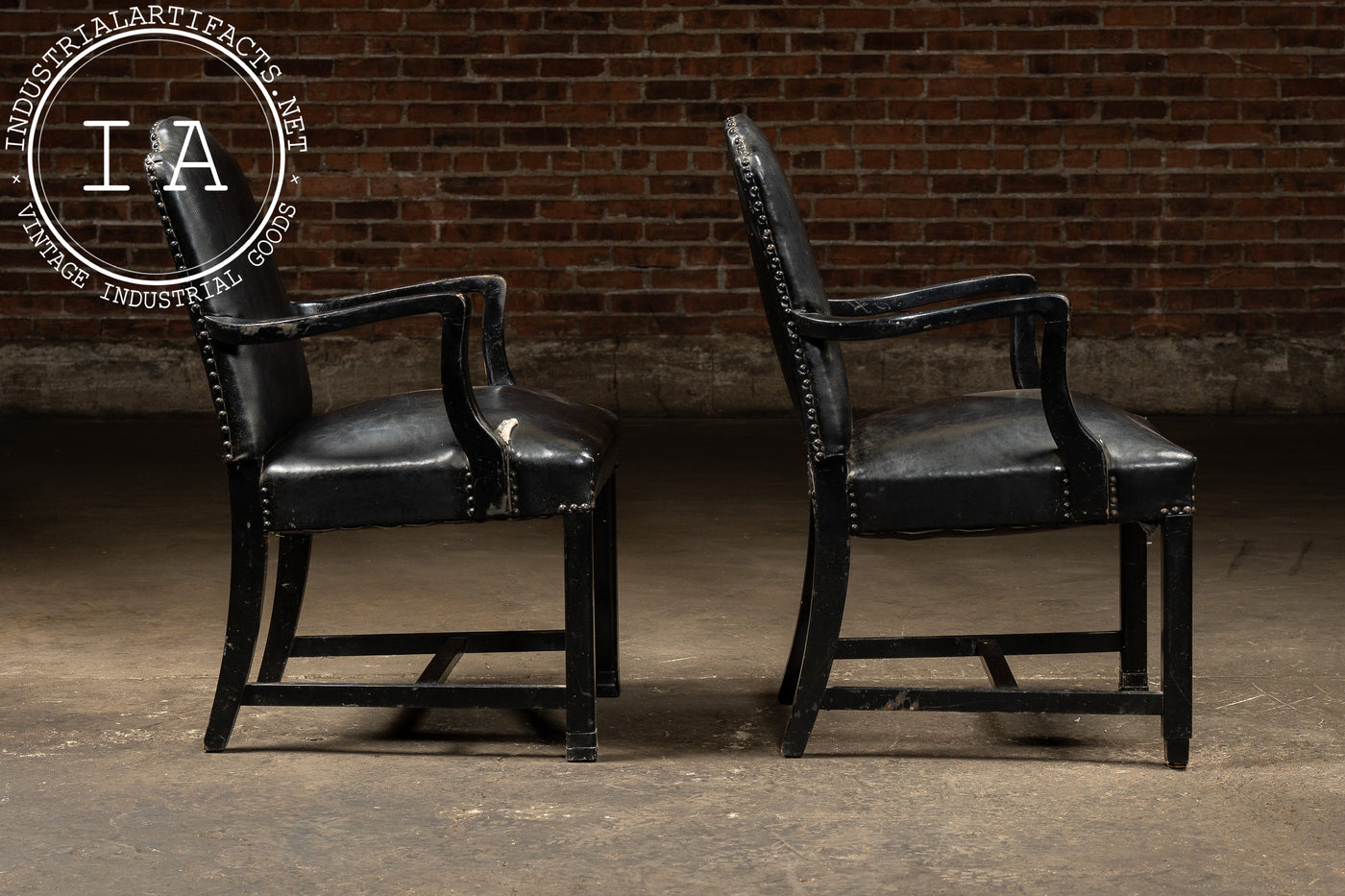 Pair Of Black Leather Revival Armchairs with Nailhead Trim