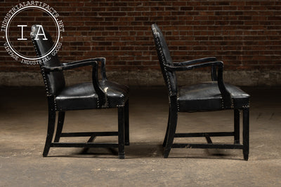 Pair Of Black Leather Revival Armchairs with Nailhead Trim