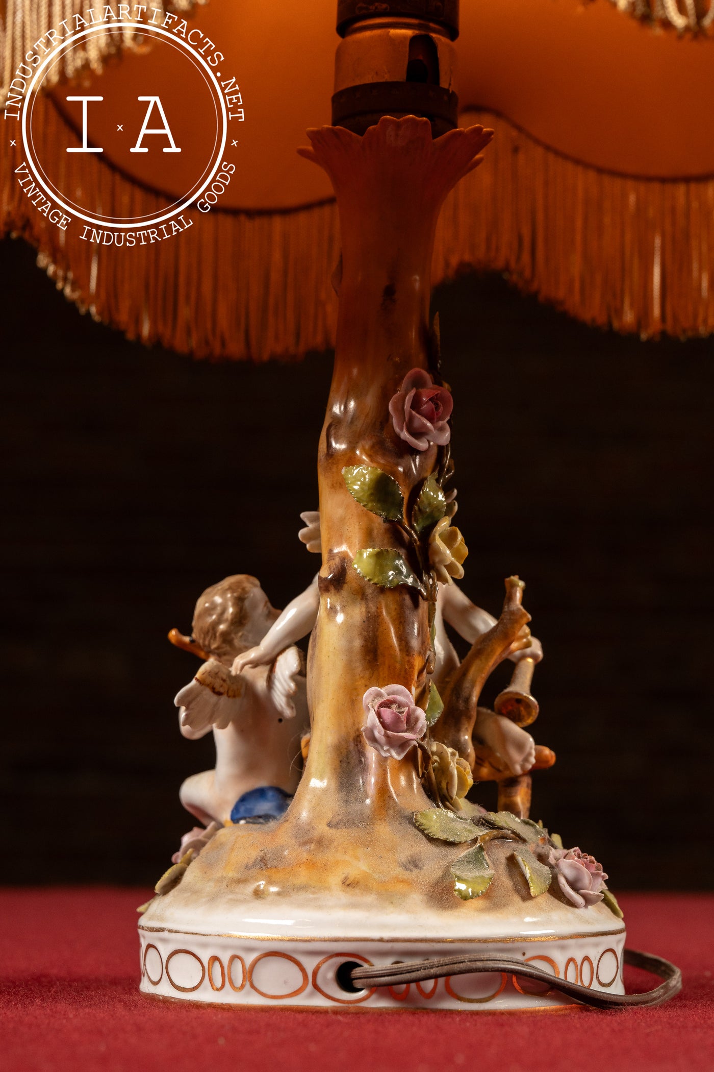 Antique Dresden-Style Porcelain Figural Cherub Lamp with Tiered Fringe Shade