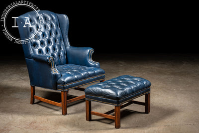 Vintage Tufted Leather Wingback Chair with Matching Ottoman in Blue