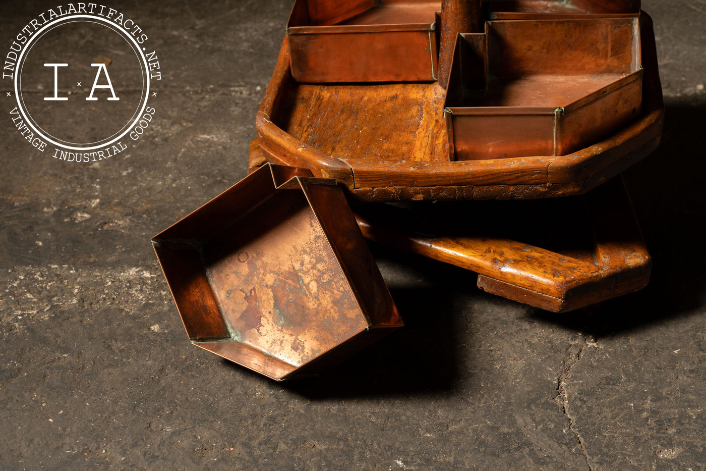 Early 20th Century Copper & Wood Rotating Cobbler’s Parts Bin