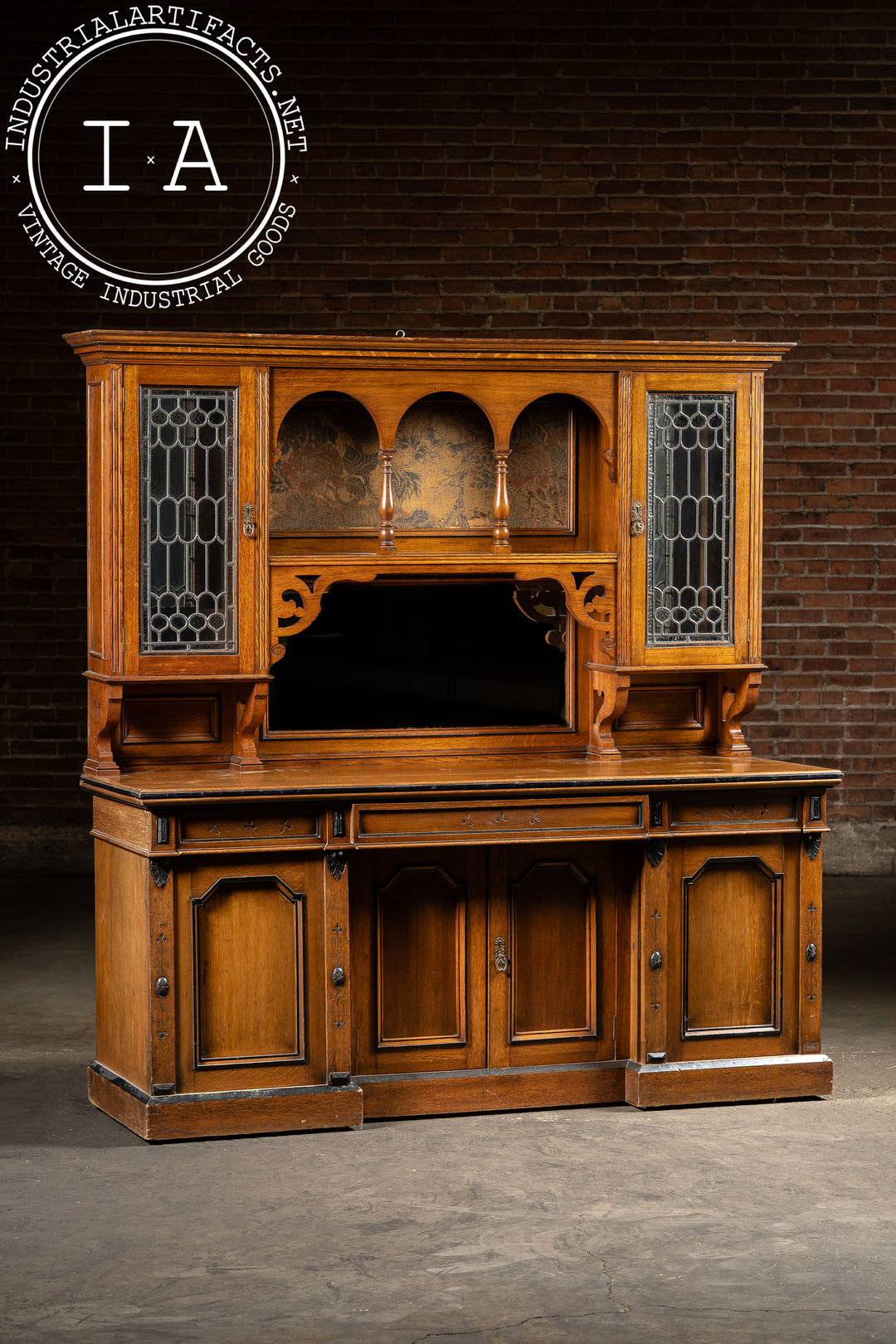 Victorian Gothic Revival Oak Sideboard Hutch with Leaded Glass