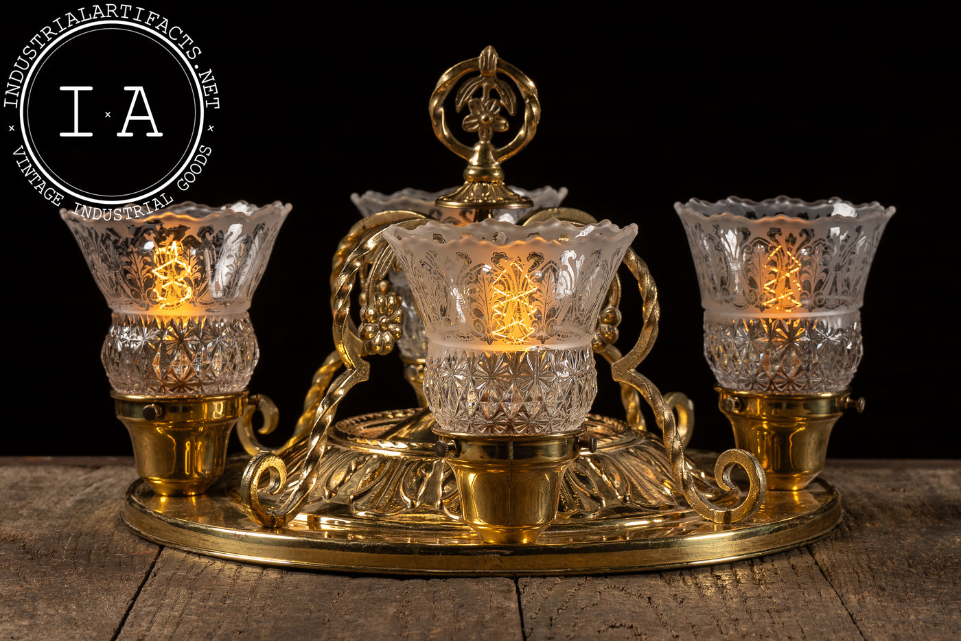 Vintage Four-Lamp Flush Mount Brass Light Fixture with Floral Motif