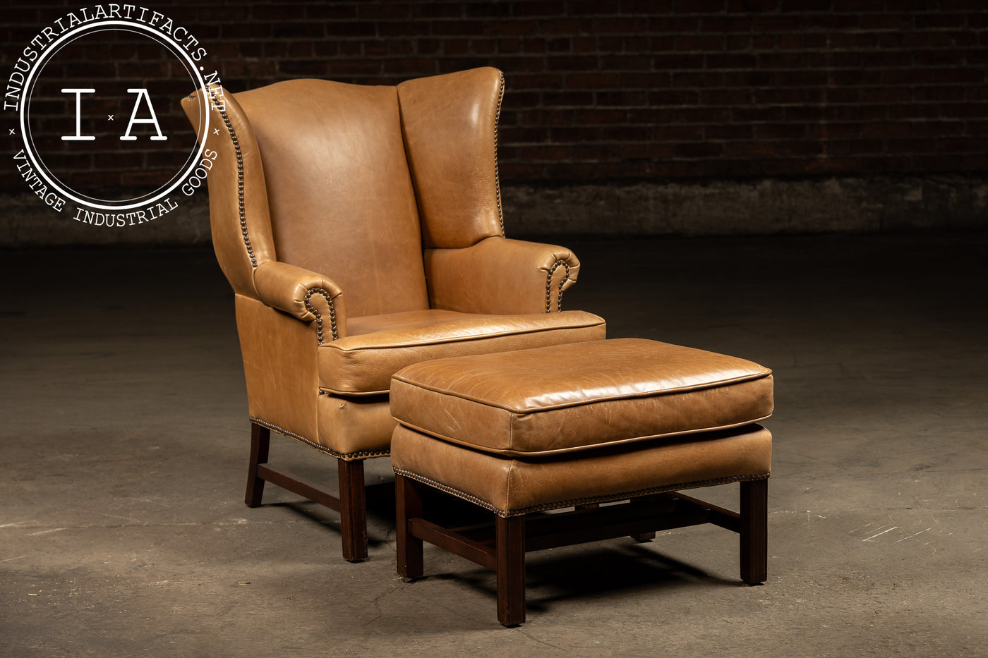 Vintage Leather Wingback Armchair With Ottoman in Tan
