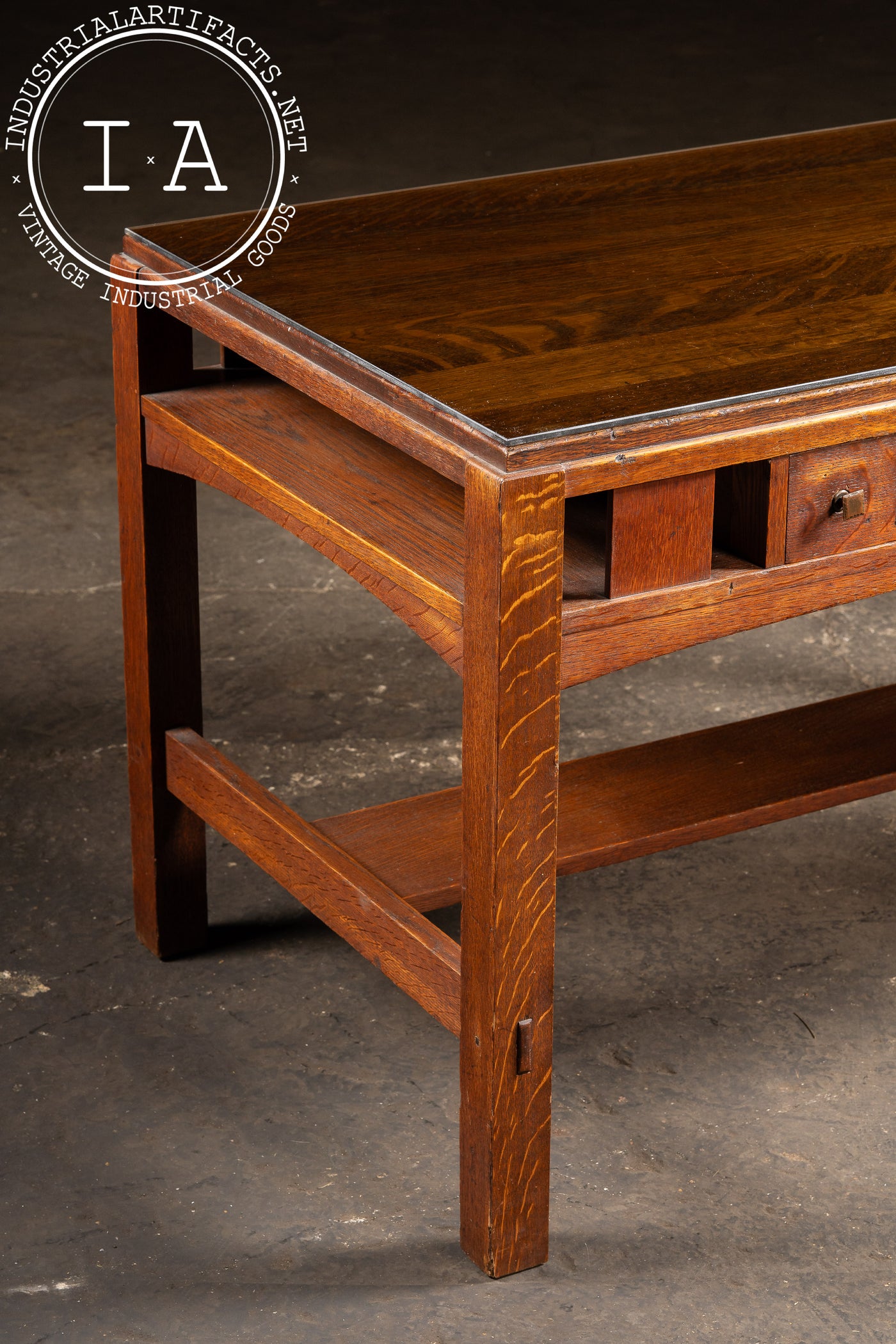 Early 20th Arts & Crafts Oak Library Table with Glass Top by Limbert