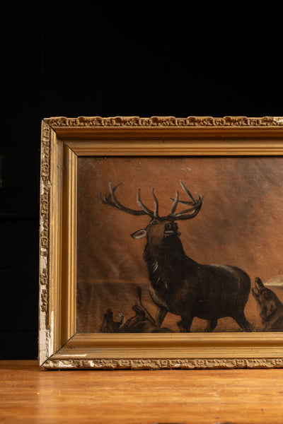 Antique Framed Stag with Wolves Painting