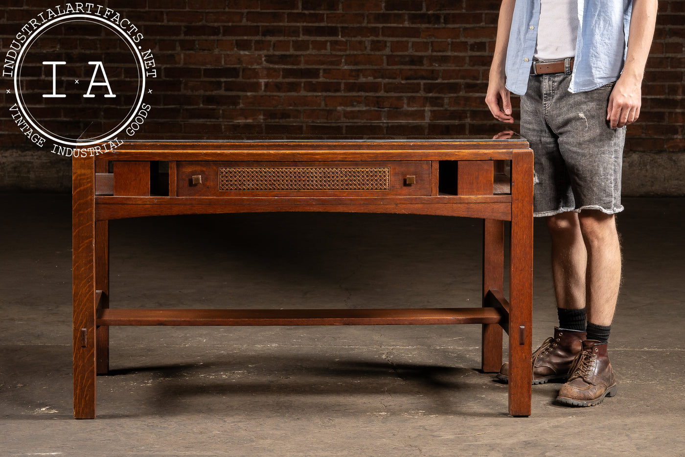 Early 20th Arts & Crafts Oak Library Table with Glass Top by Limbert