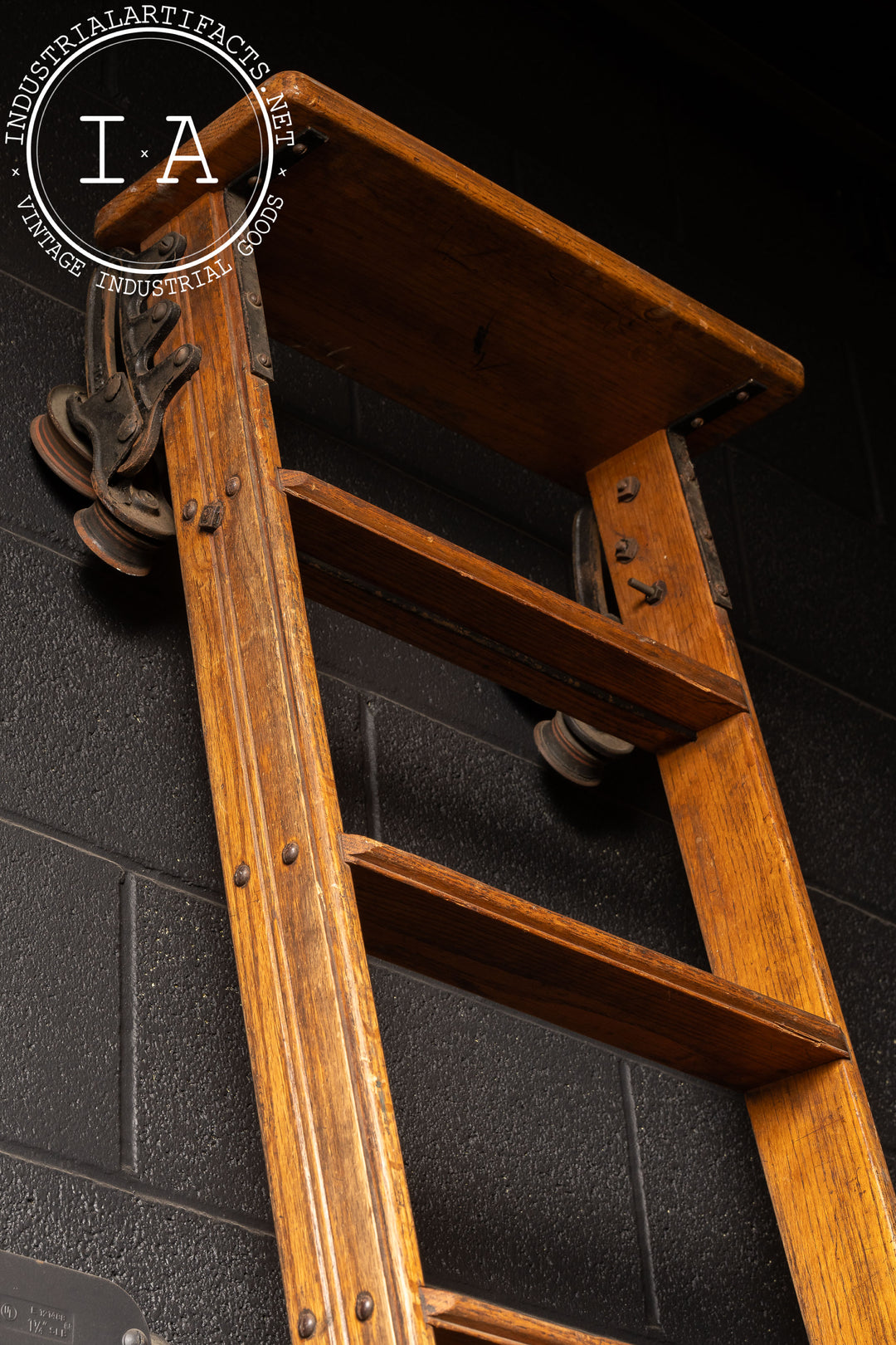 Antique Oak Rolling Library Ladder – Industrial Artifacts