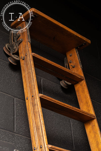 Antique Oak Rolling Library Ladder