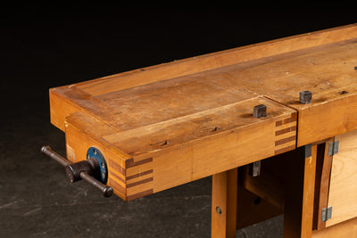 Mid-Century Maple Woodworking Bench with Dual Vises and Cabinet Storage