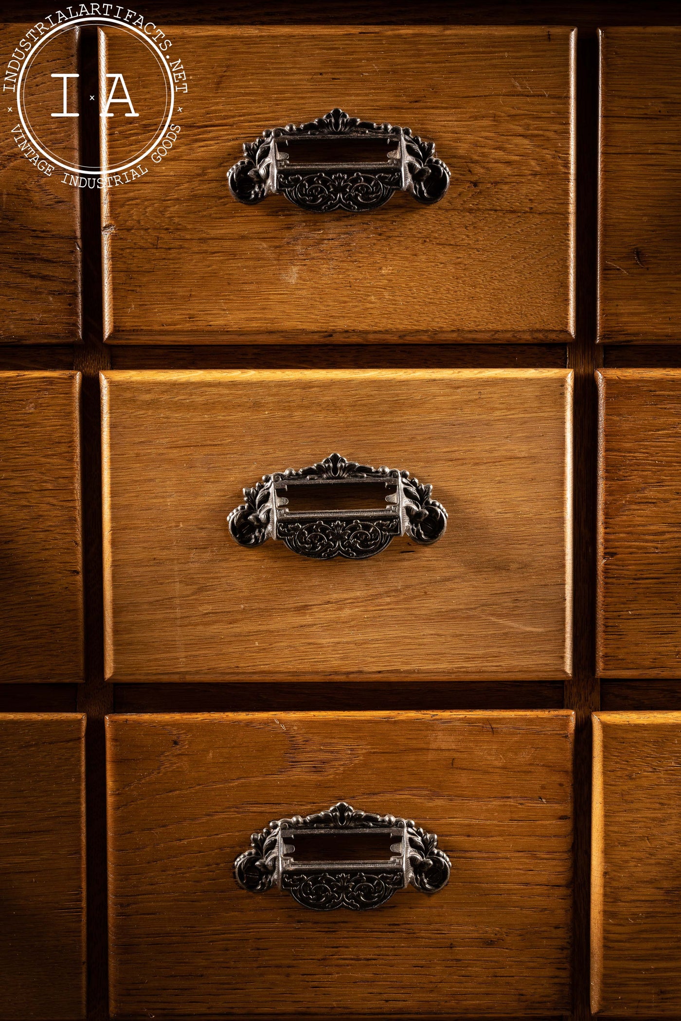 c. 1910s Oak Wood Long Drawer Apothecary Cabinet