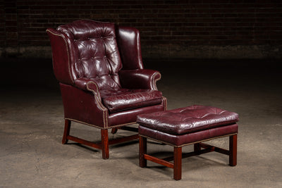 Tufted Leather Wingback Chesterfield Armchair with Ottoman in Oxblood