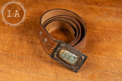 Vintage Embossed Leather Belt with Sterling and Agate Buckle