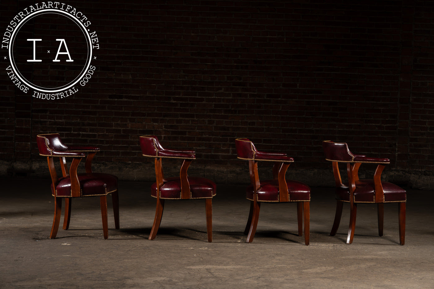 Set Of Four Nailhead Trim Barrel-Back Leather Armchairs in Oxblood