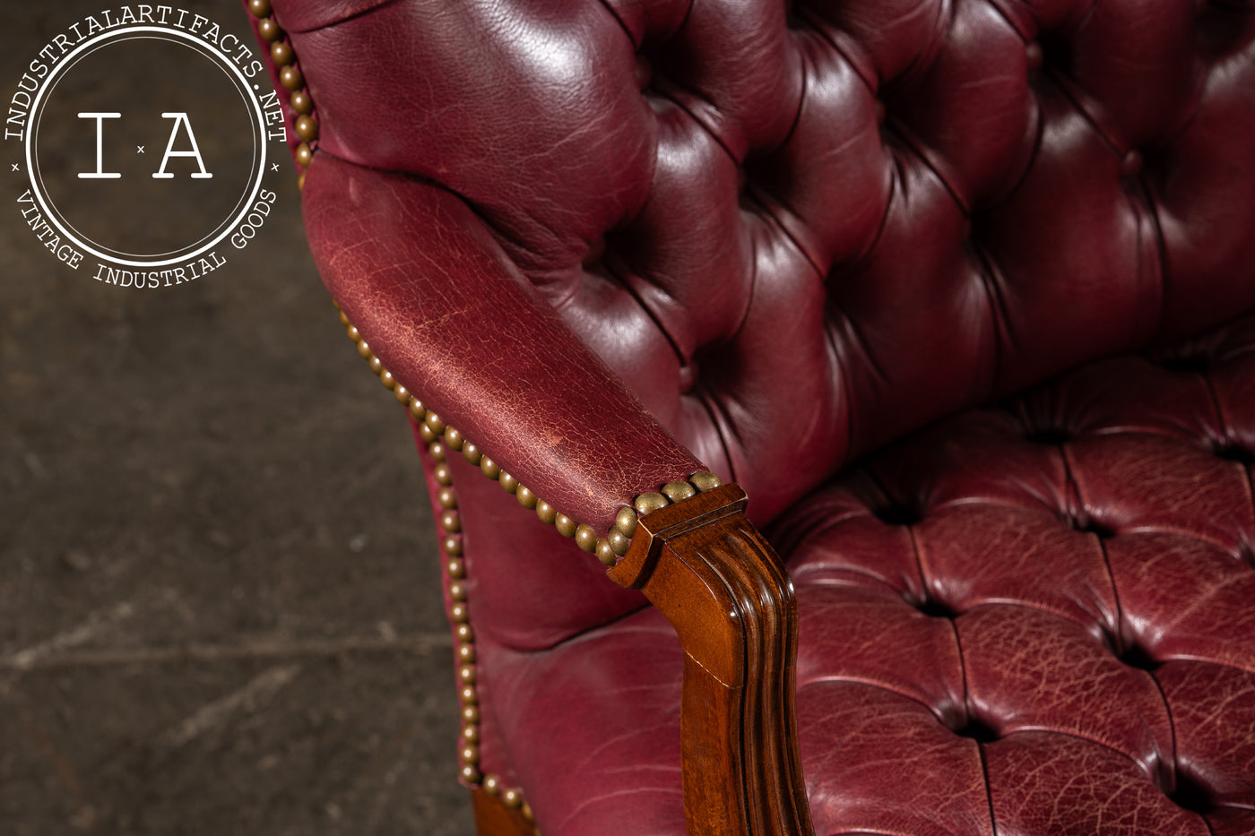 Pair of Tufted Leather Round-Back Dining Chairs in Burgundy