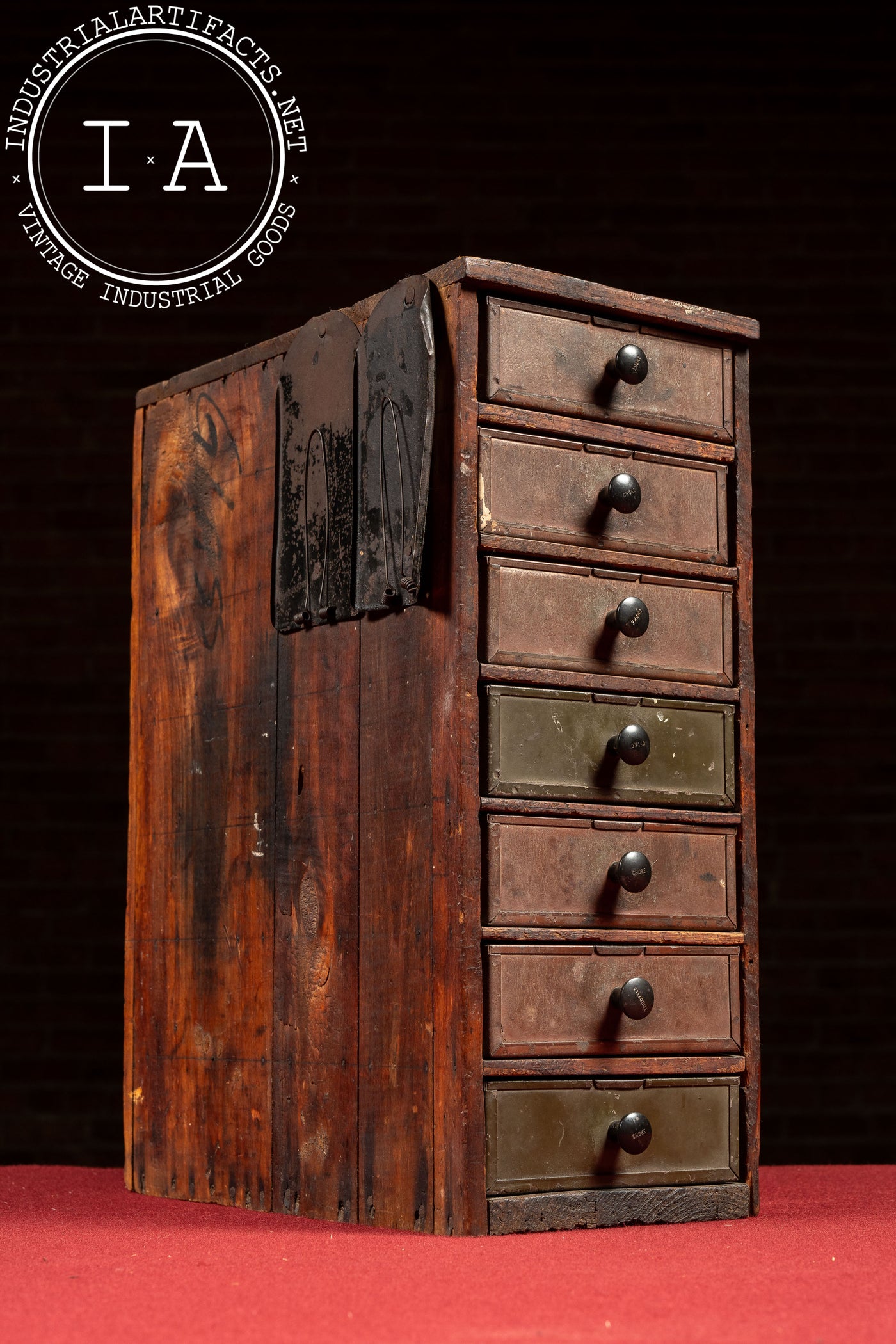 Early Wooden Parts Cabinet with Metal Drawers