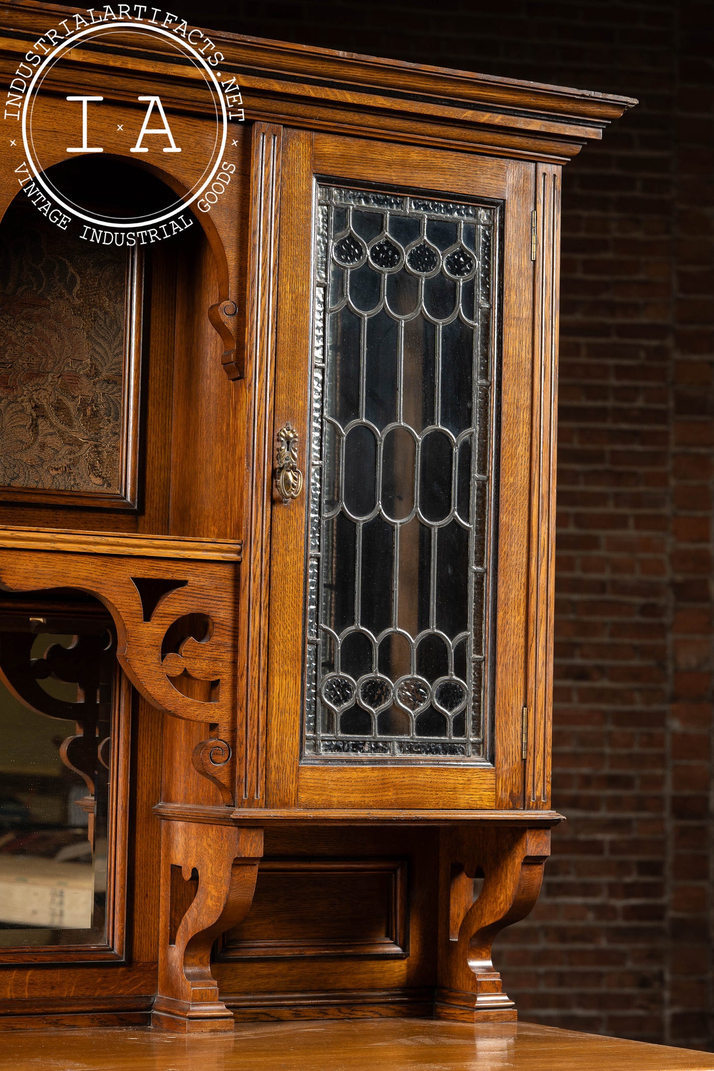 Victorian Gothic Revival Oak Sideboard Hutch with Leaded Glass Doors