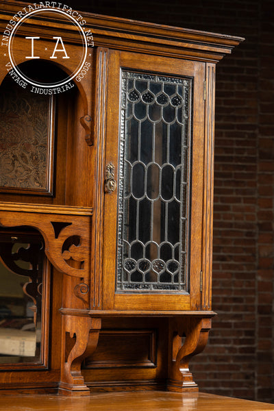 Victorian Gothic Revival Oak Sideboard Hutch with Leaded Glass Doors