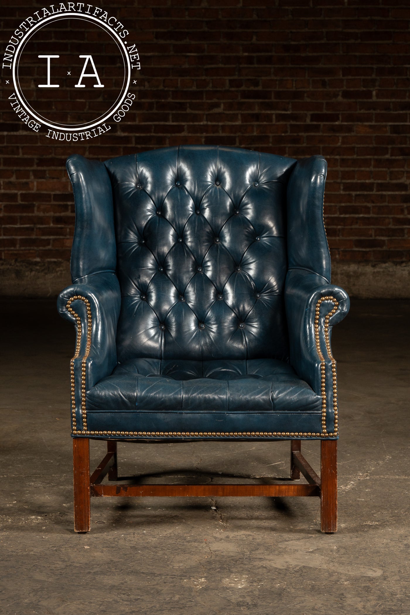 Vintage Tufted Leather Chesterfield Wingback Armchair in Blue