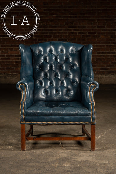 Vintage Tufted Leather Chesterfield Wingback Armchair in Blue