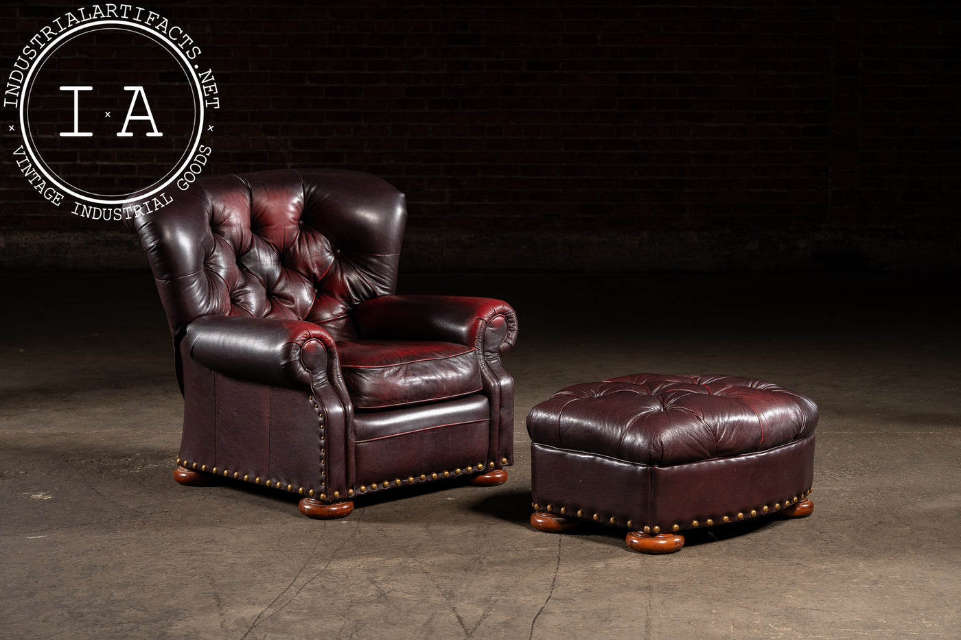Tufted Churchill Style Recliner with Ottoman in Oxblood