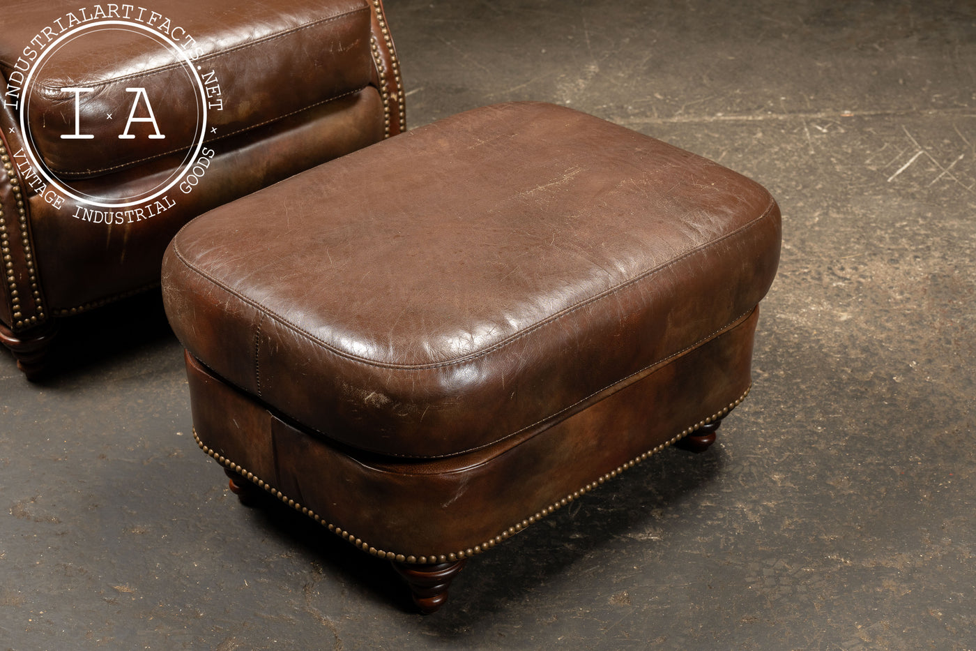 Vintage Wingback Leather Chair with Pillow, Ottoman by Walter E. Smithe