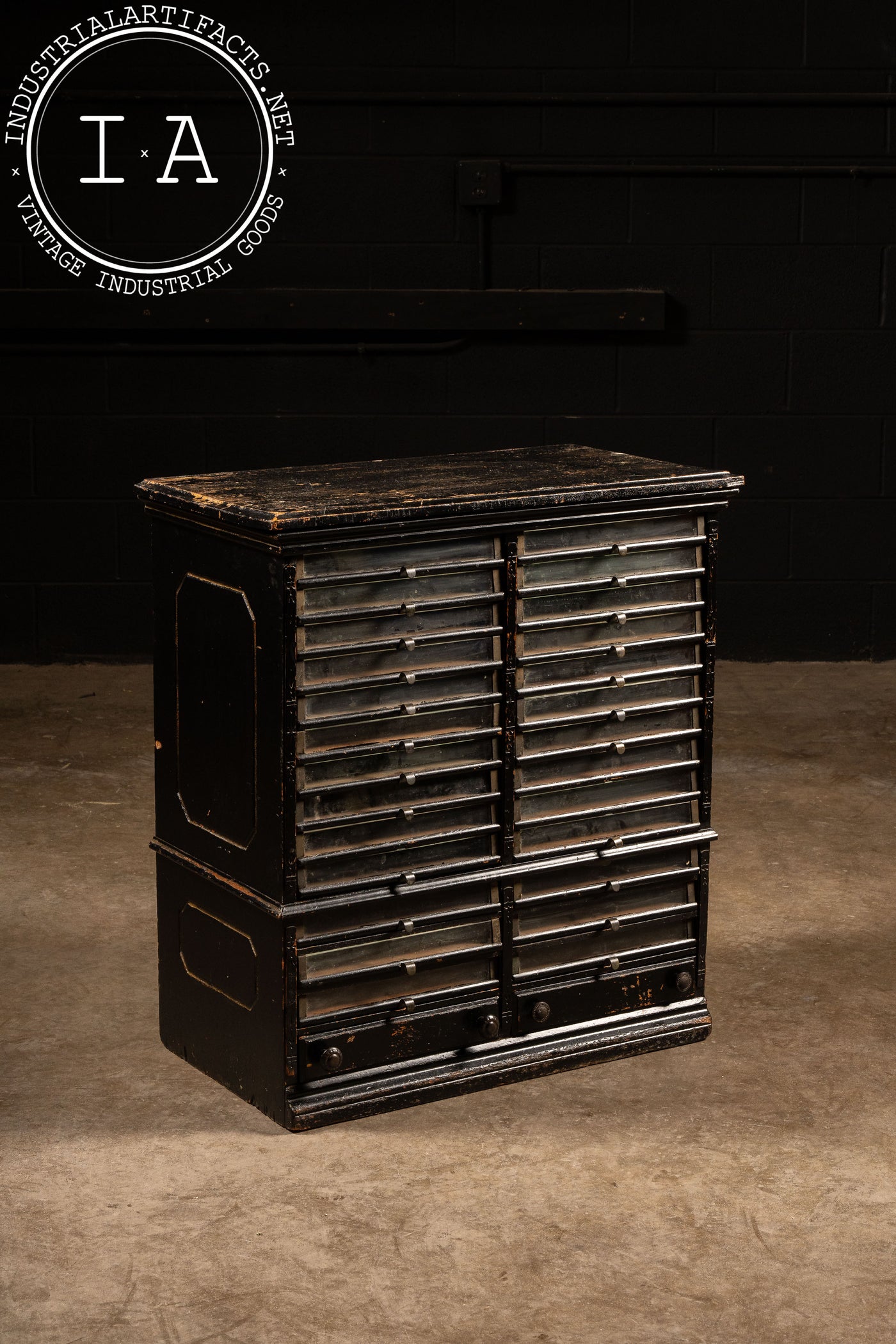 Early American Oak Spool Cabinet with Glass Drawers