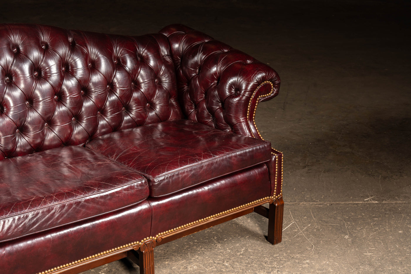 Vintage Chippendale-Style Camelback Chesterfield Leather Sofa in Oxblood