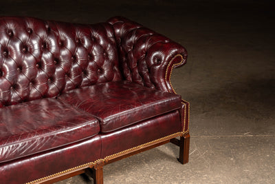 Vintage Chippendale-Style Camelback Chesterfield Leather Sofa in Oxblood