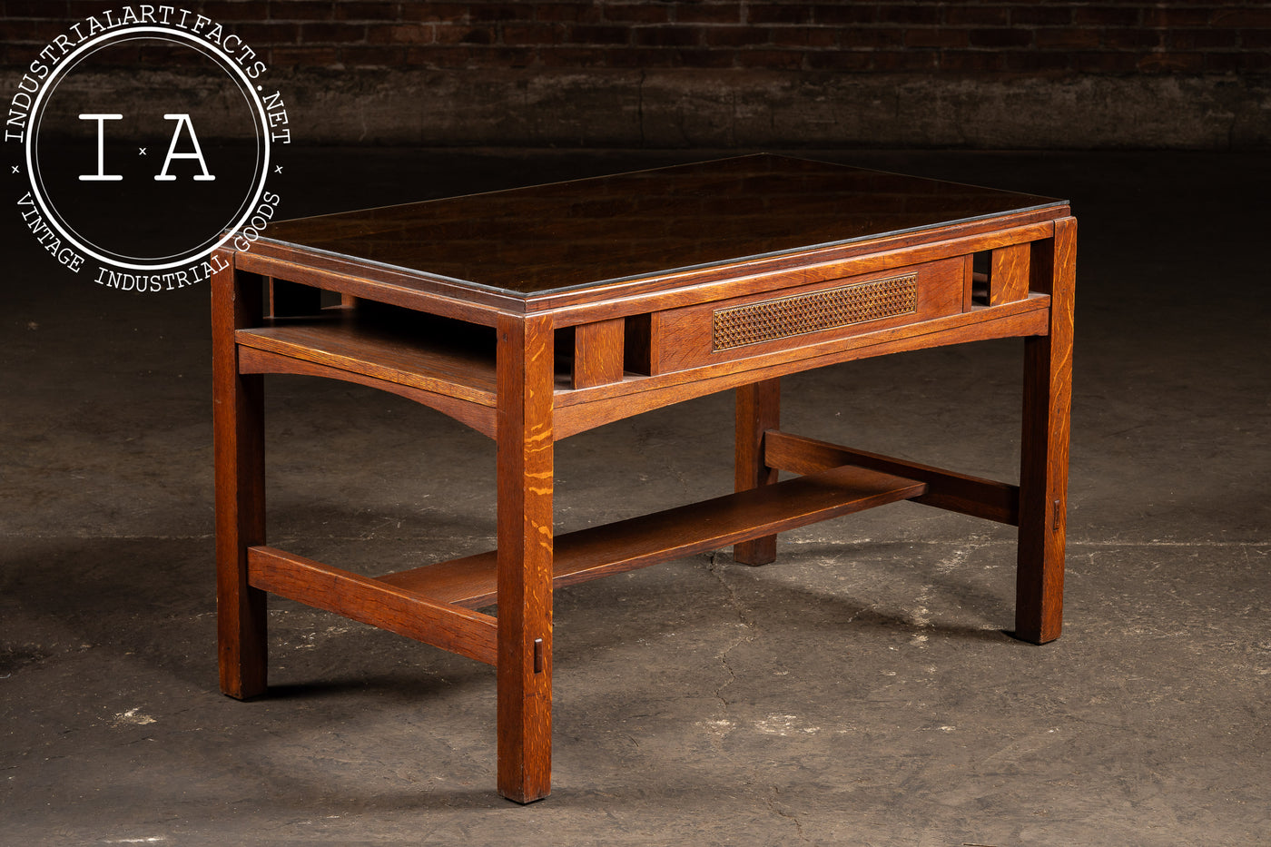 Early 20th Arts & Crafts Oak Library Table with Glass Top by Limbert