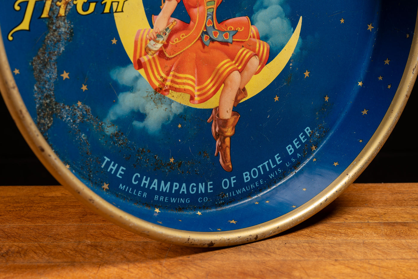 Vintage Tin Litho Miller "Girl on the Moon" High Life Tray