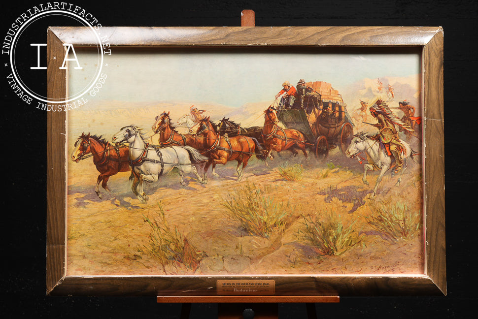 Vintage "Attack on the Overland Stage" Self-Framed Budweiser Advertising Print