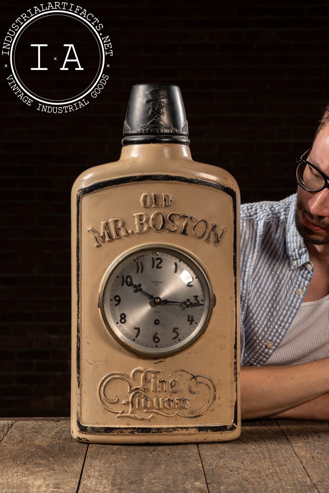 c. 1940s Old Mr. Boston Advertising Bottle Display w. Gilbert 8-Day Clock