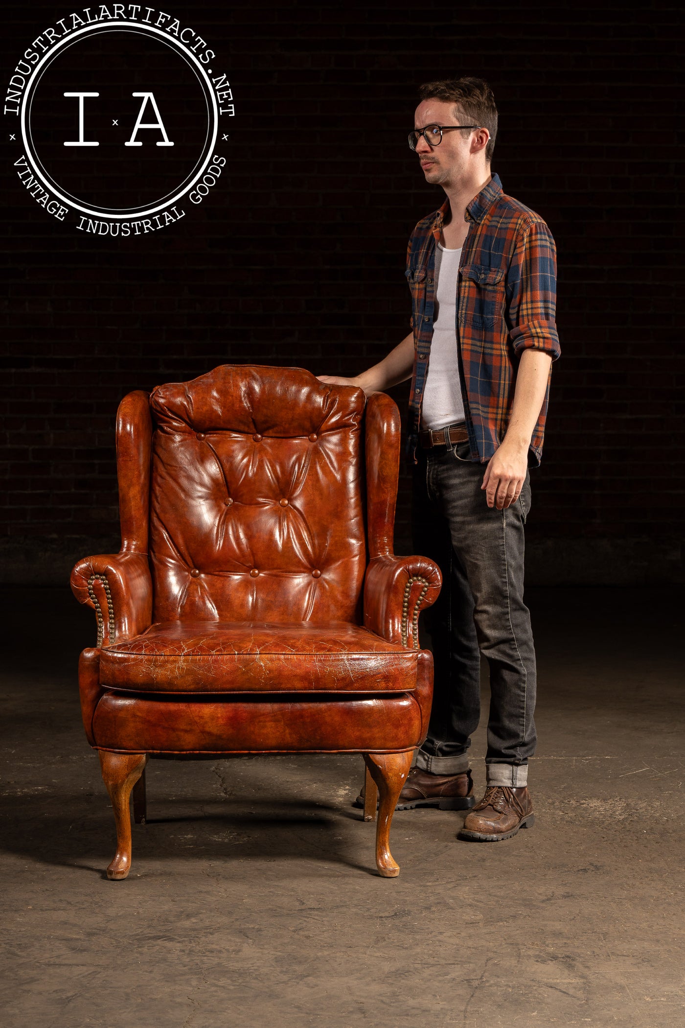 Tufted Leather Wingback Armchair in Burnt Amber