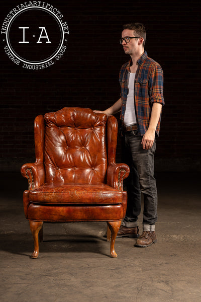 Tufted Leather Wingback Armchair in Burnt Amber
