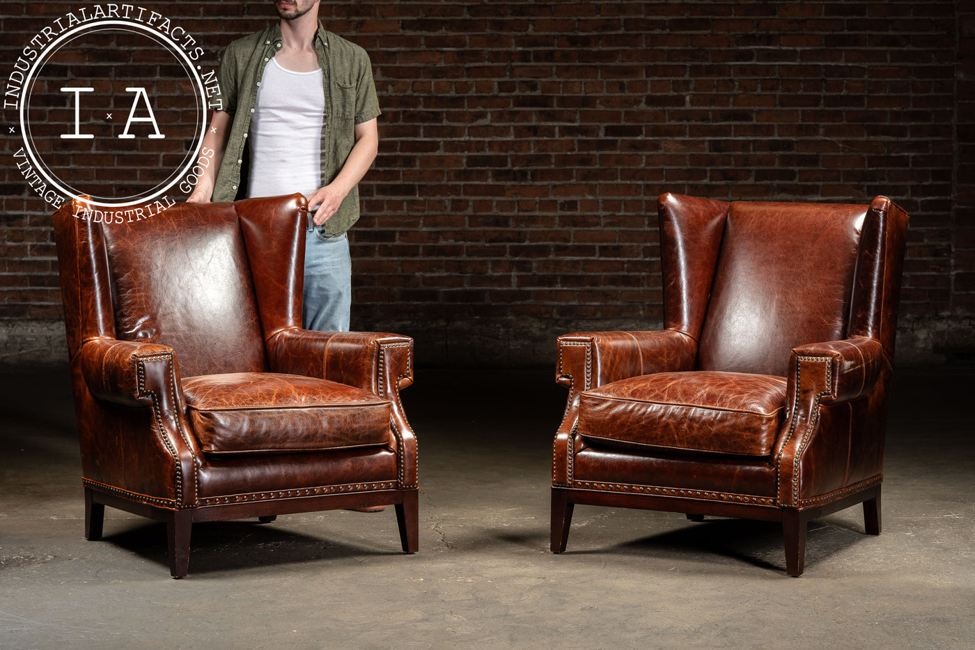 Pair of Wingback Leather Armchairs in Burnt Orange