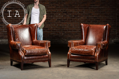 Pair of Wingback Leather Armchairs in Burnt Orange