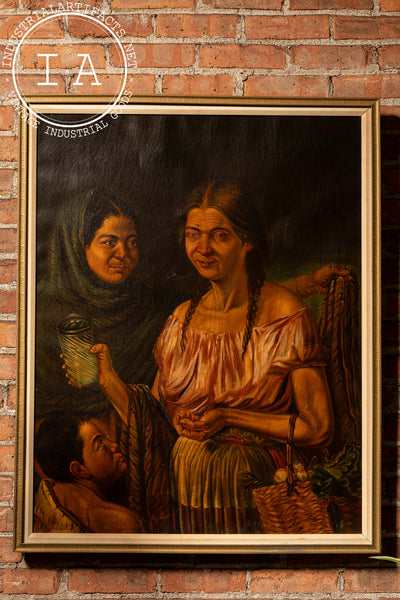 Two Women and Child | Framed Mexican Oil Painting