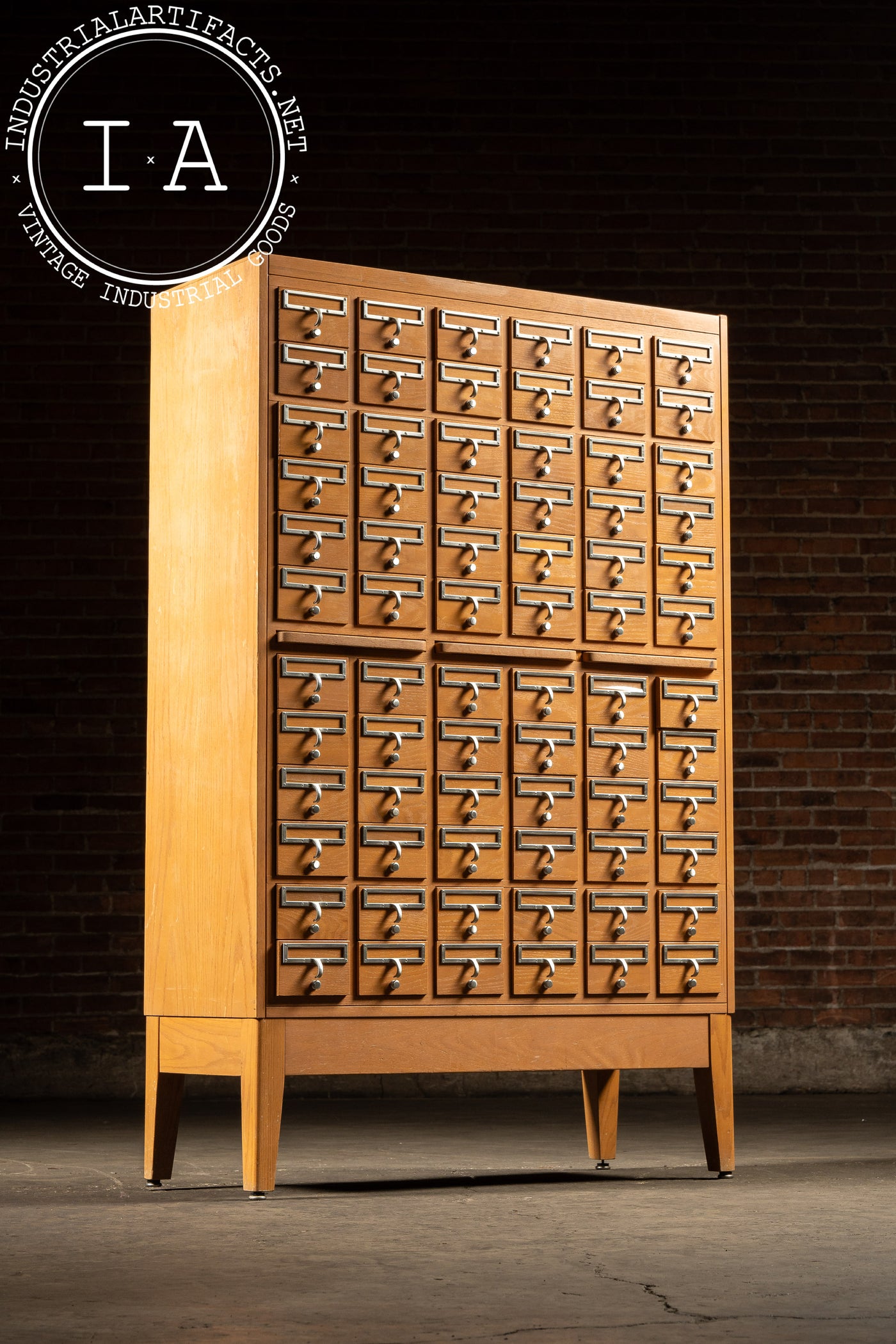Vintage 72 Drawer Oak Library Card Catalog Cabinet with Writing Surfaces