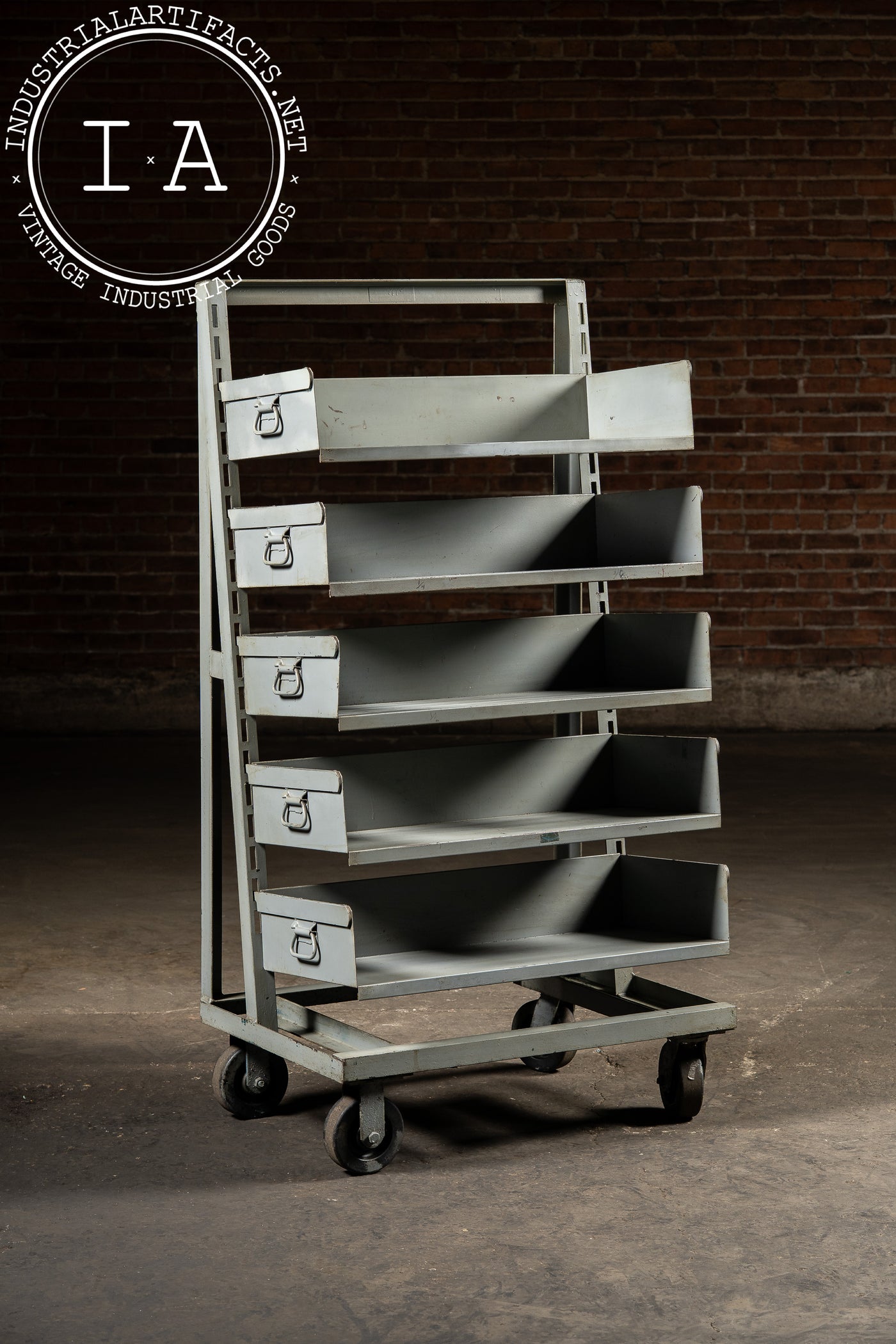 Vintage Gray Industrial Tilt-Bin Cart with Five Adjustable Drawers on Casters