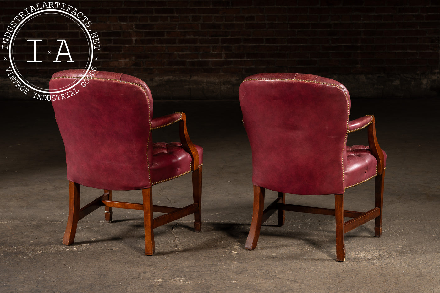 Pair of Tufted Leather Round-Back Dining Chairs in Burgundy