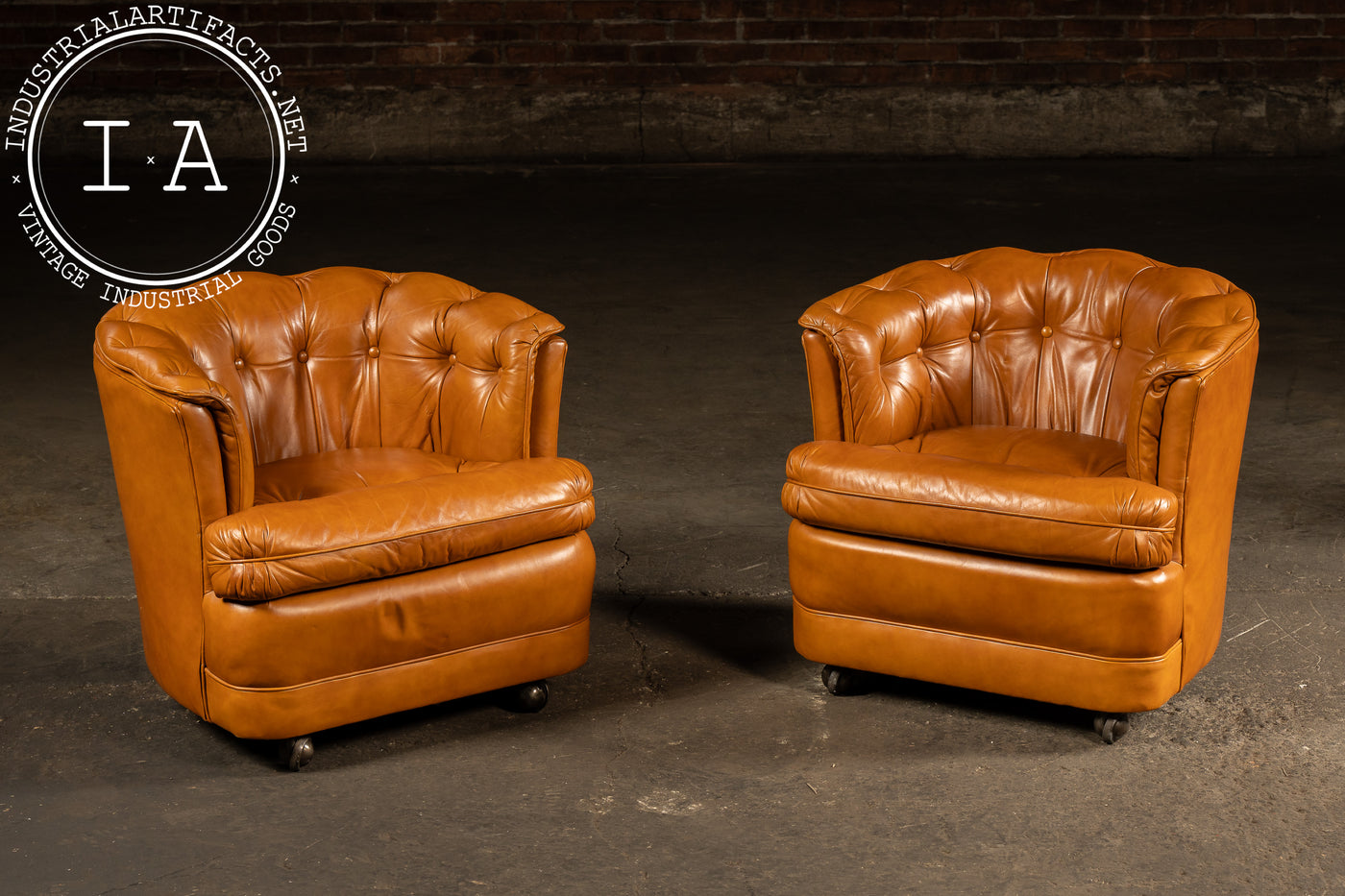 Pair of Tufted Barrel Back Leather Club Chairs by Classic Leather, Inc.