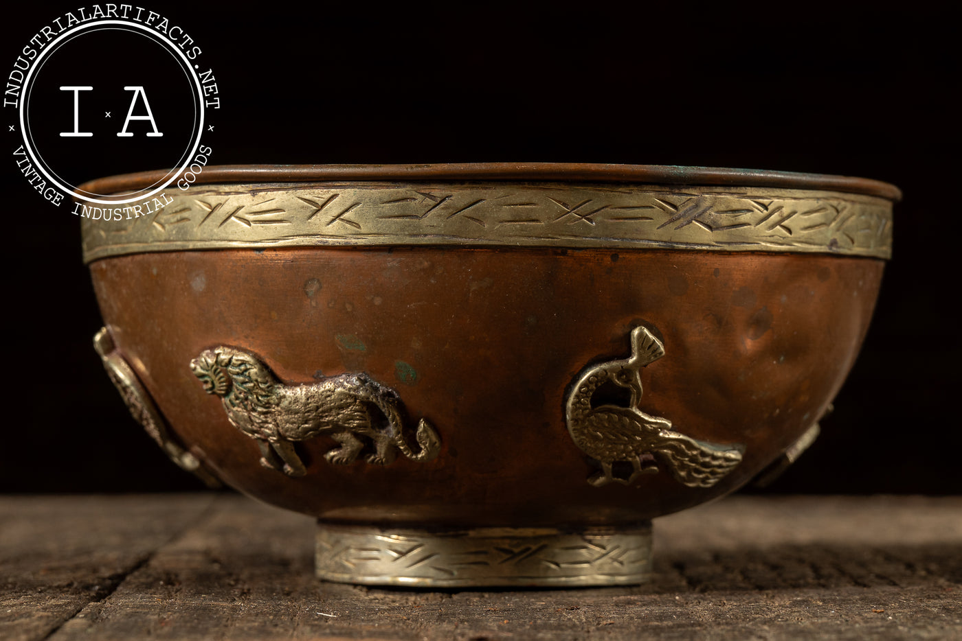 Antique Middle Eastern Copper and Brass Bowl with Applied Motifs