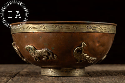 Antique Middle Eastern Copper and Brass Bowl with Applied Motifs