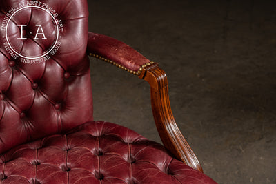 Pair of Tufted Leather Round-Back Dining Chairs in Burgundy