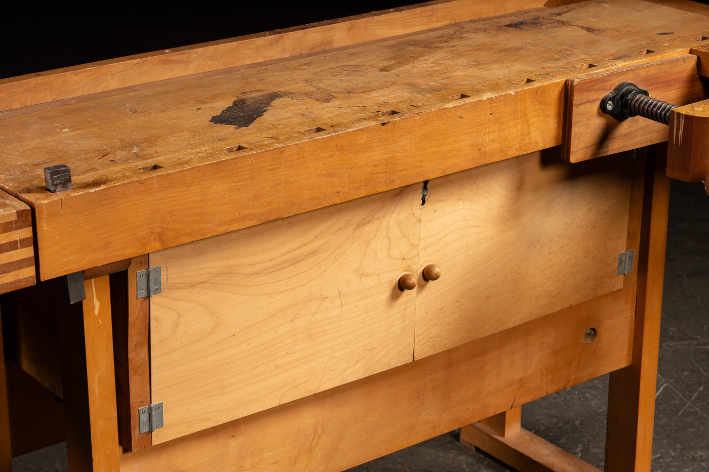 Mid-Century Maple Woodworking Bench with Dual Vises and Cabinet Storage
